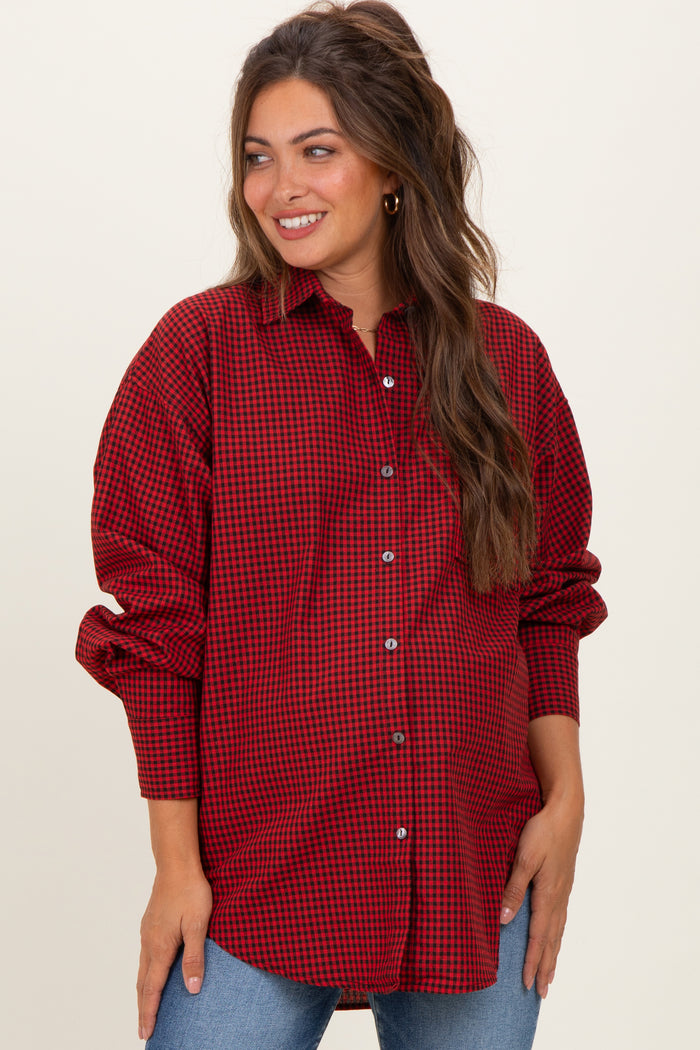 Red Plaid Linen Blend Maternity Button Down Shirt