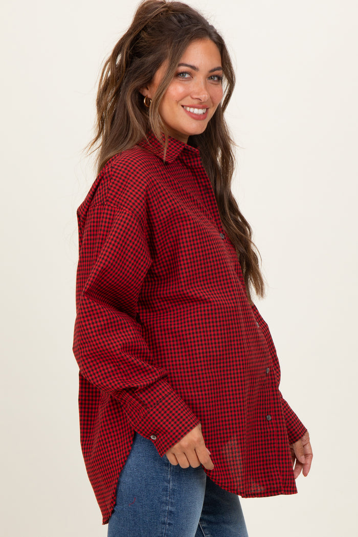 Red Plaid Linen Blend Maternity Button Down Shirt