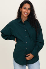 Forest Green Plaid Linen Blend Maternity Button Down Shirt