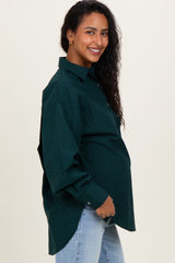 Forest Green Plaid Linen Blend Maternity Button Down Shirt