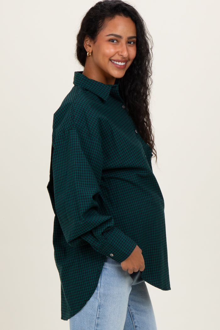 Forest Green Plaid Linen Blend Maternity Button Down Shirt