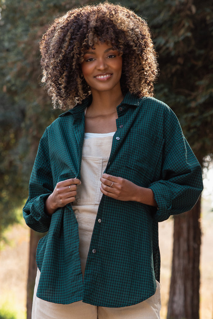 Forest Green Plaid Linen Blend Maternity Button Down Shirt