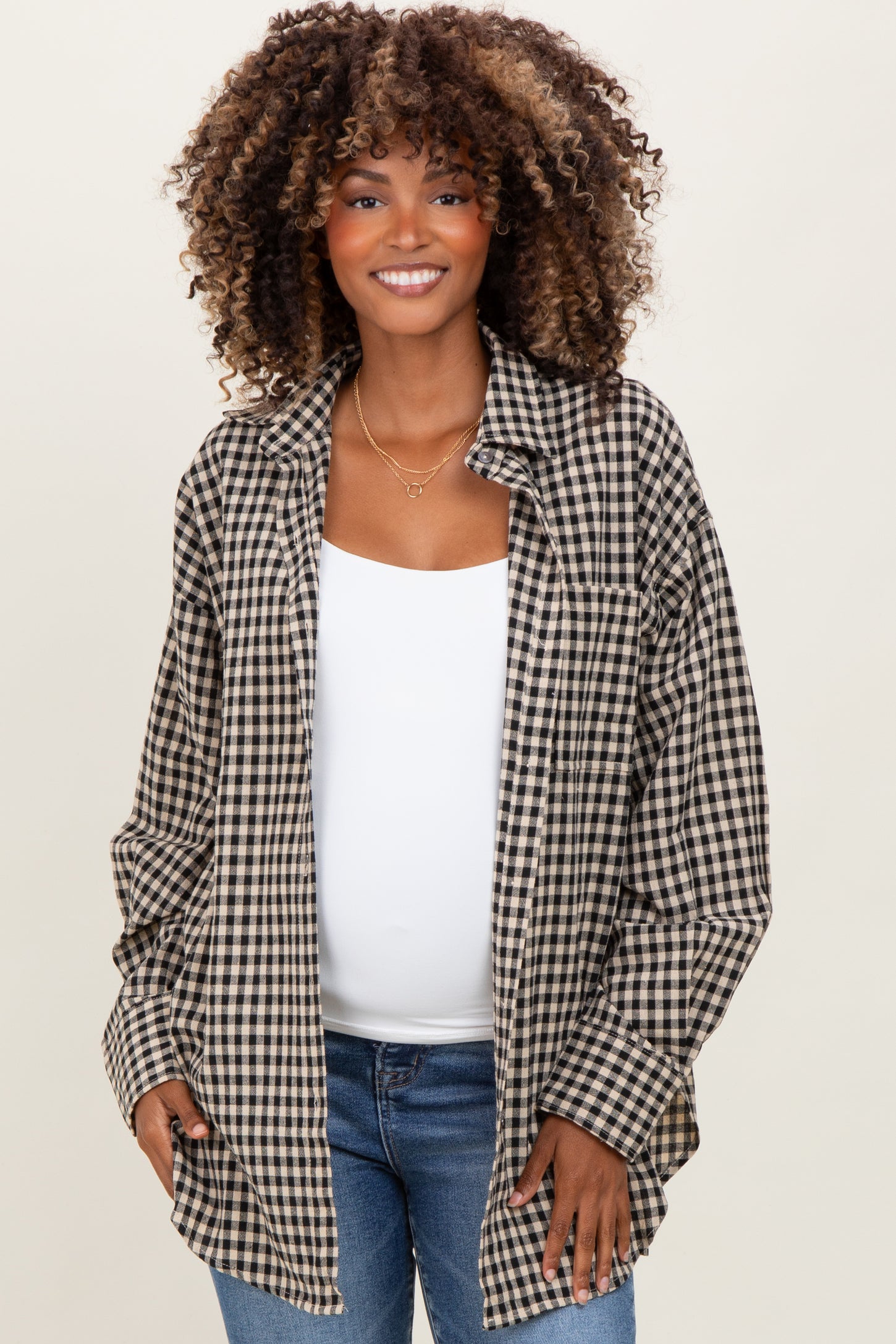 Black Gingham Maternity Button Down Shirt