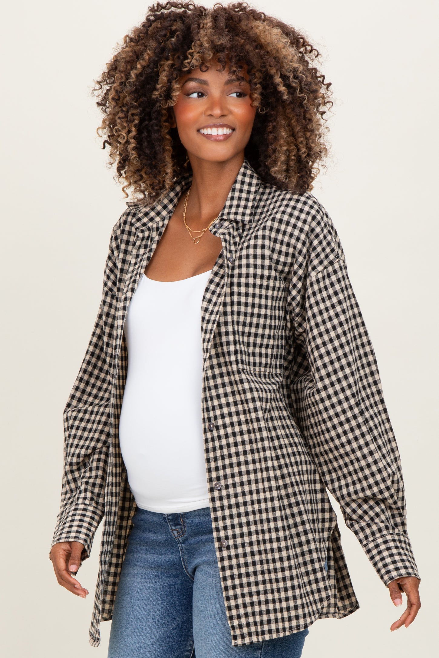Black Gingham Maternity Button Down Shirt