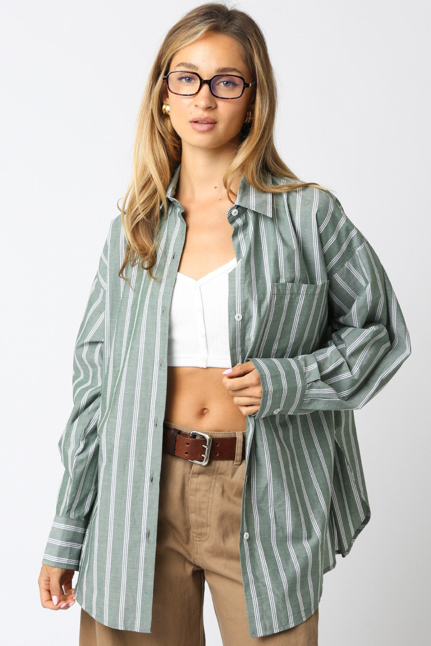 Light Olive Striped Button Down Maternity Shirt