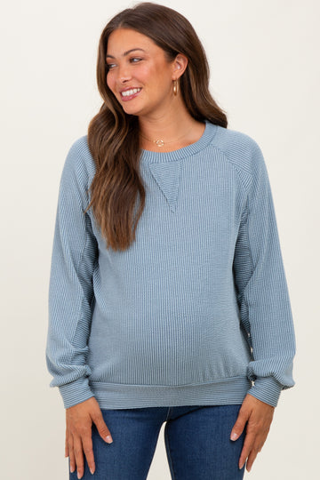 Blue Textured Rib Knit Maternity Pullover