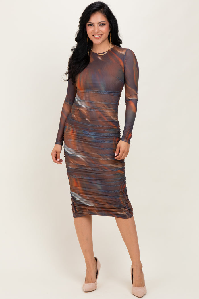 Multicolor Printed Mesh Ruched Long Sleeve Midi Dress