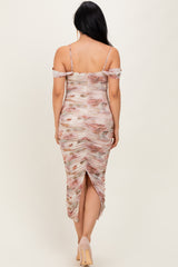 Cream Rose Floral Mesh Ruched Off Shoulder Midi Dress