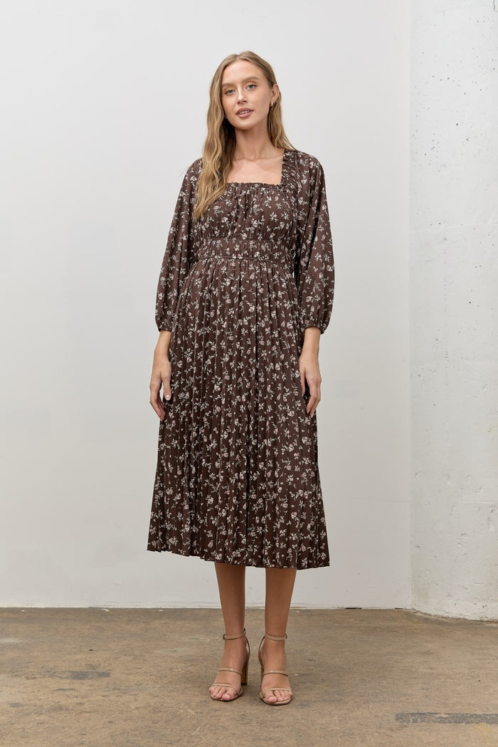 Brown Floral Long Sleeve Midi Dress