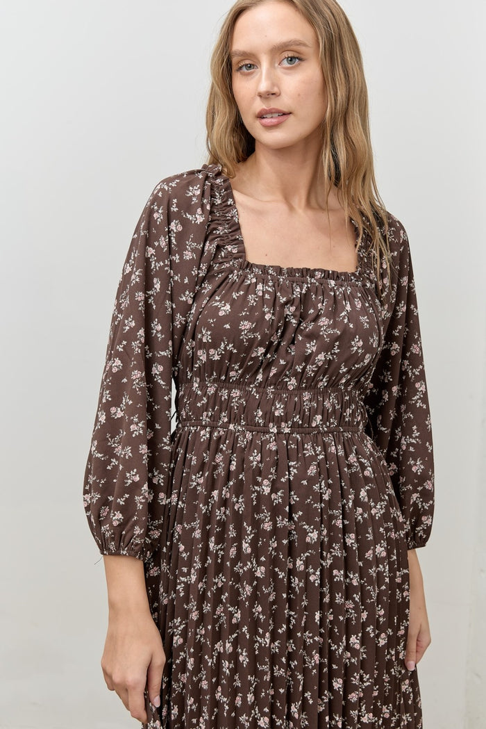 Brown Floral Long Sleeve Midi Dress