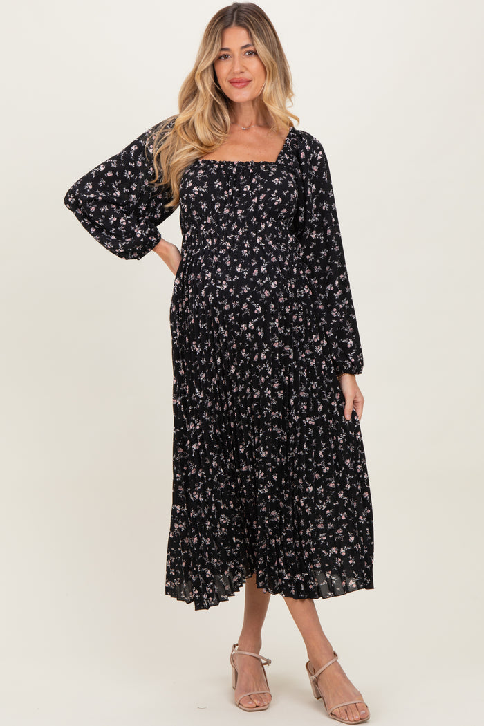 Black Floral Long Sleeve Maternity Midi Dress