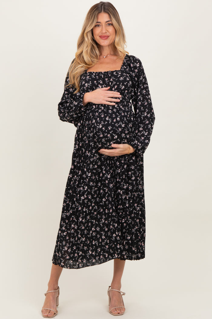 Black Floral Long Sleeve Maternity Midi Dress