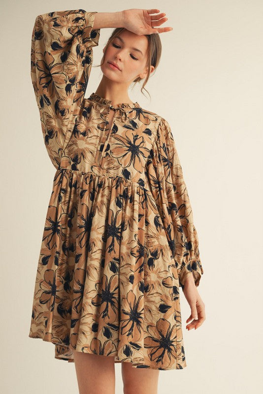 Camel Floral Front Tie Bubble Sleeve Mini Dress