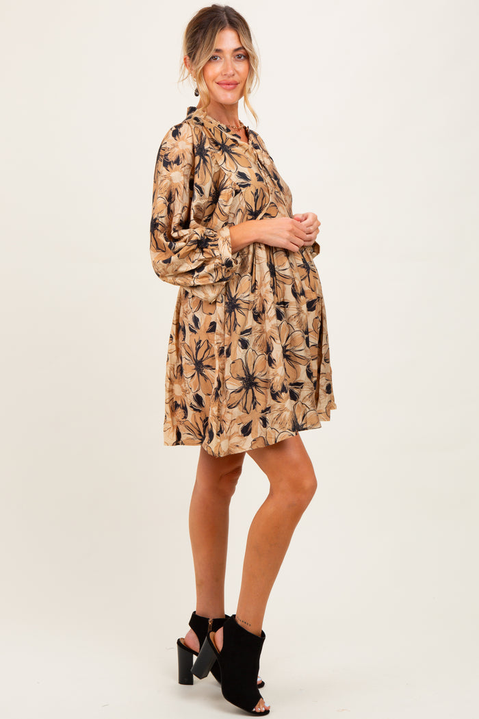 Camel Floral Front Tie Bubble Sleeve Maternity Mini Dress