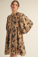 Camel Floral Front Tie Bubble Sleeve Mini Dress