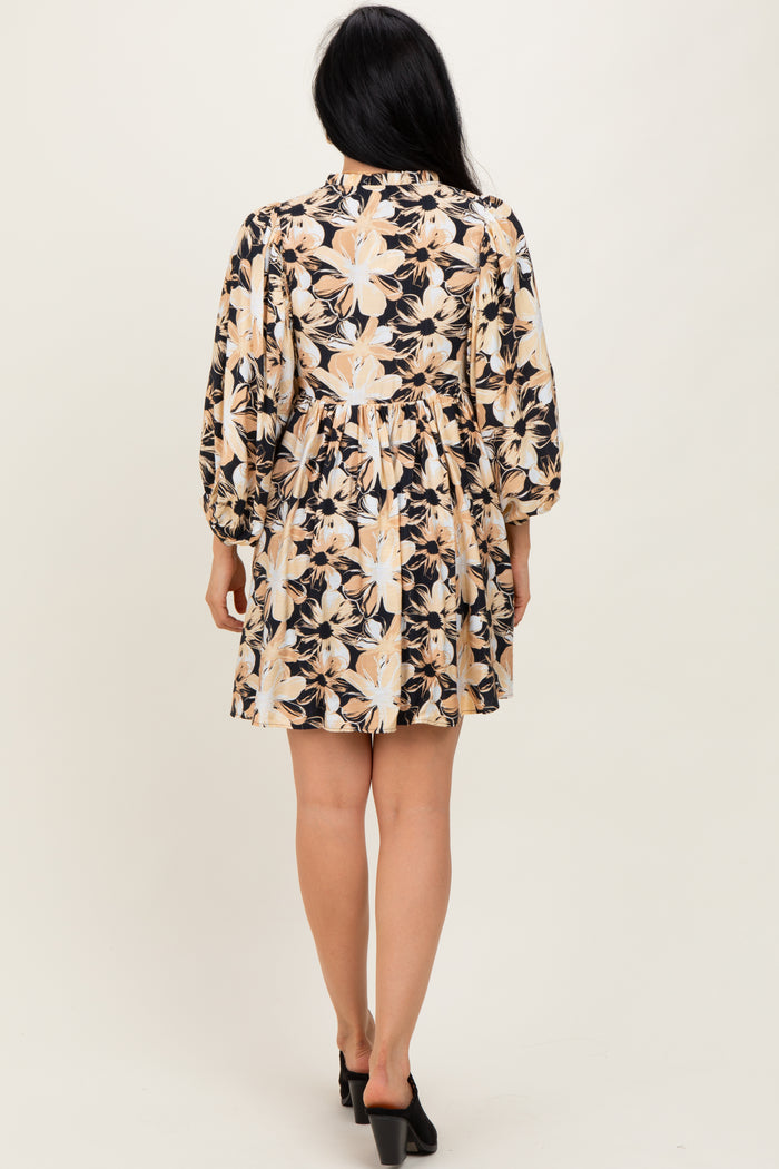 Black Floral Front Tie Bubble Sleeve Mini Dress