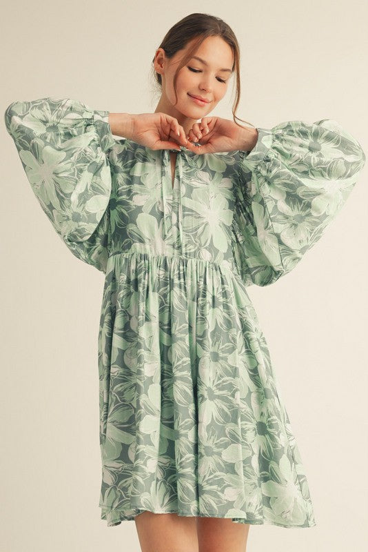 Light Olive Floral Front Tie Bubble Sleeve Mini Dress