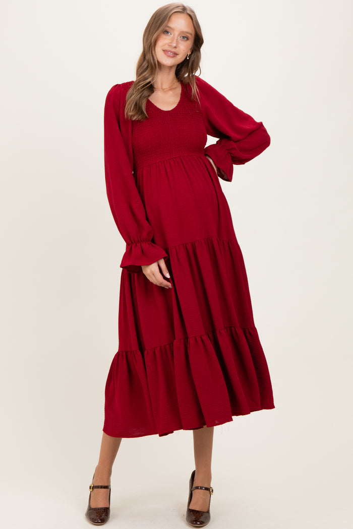 Burgundy Smocked Tiered Long Sleeve Maternity Maxi Dress