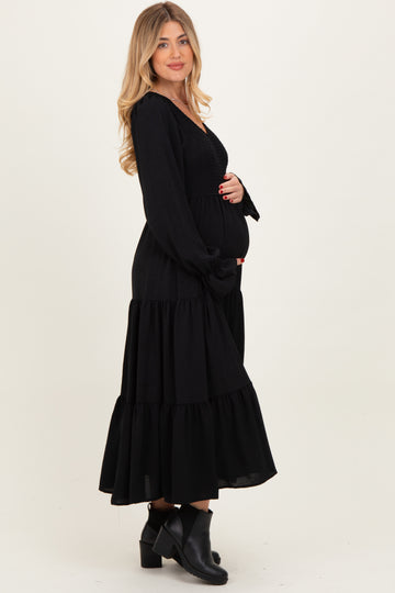Black Smocked Tiered Long Sleeve Maternity Maxi Dress