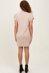 Beige Ribbed Knit Short Sleeve Sweater Dress