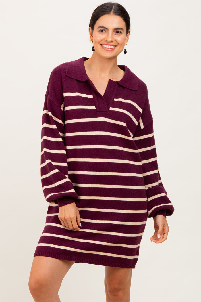 Burgundy Striped Knit Maternity Polo Sweater Dress