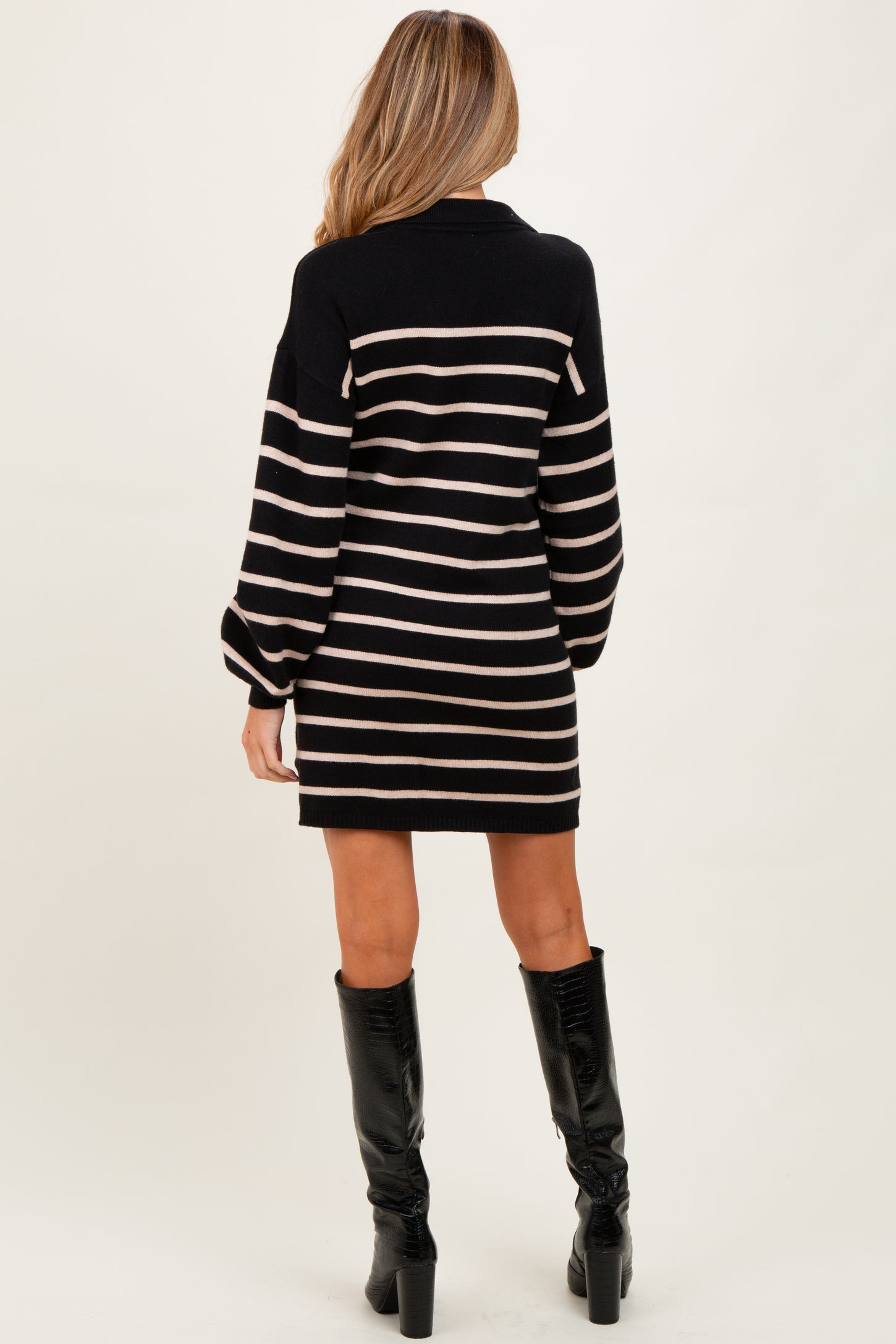 Black Striped Knit Maternity Polo Sweater Dress