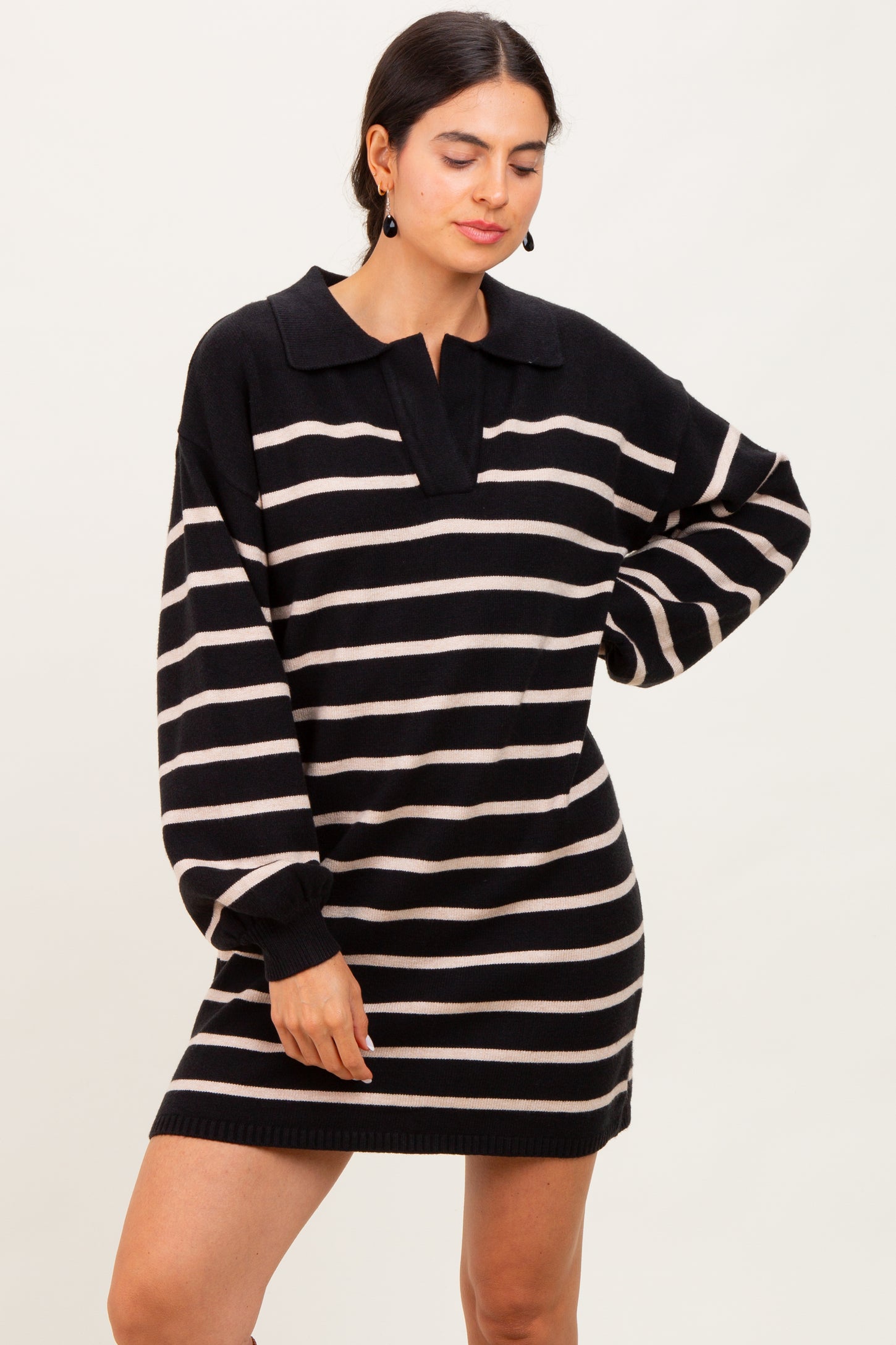 Black Striped Knit Polo Sweater Dress