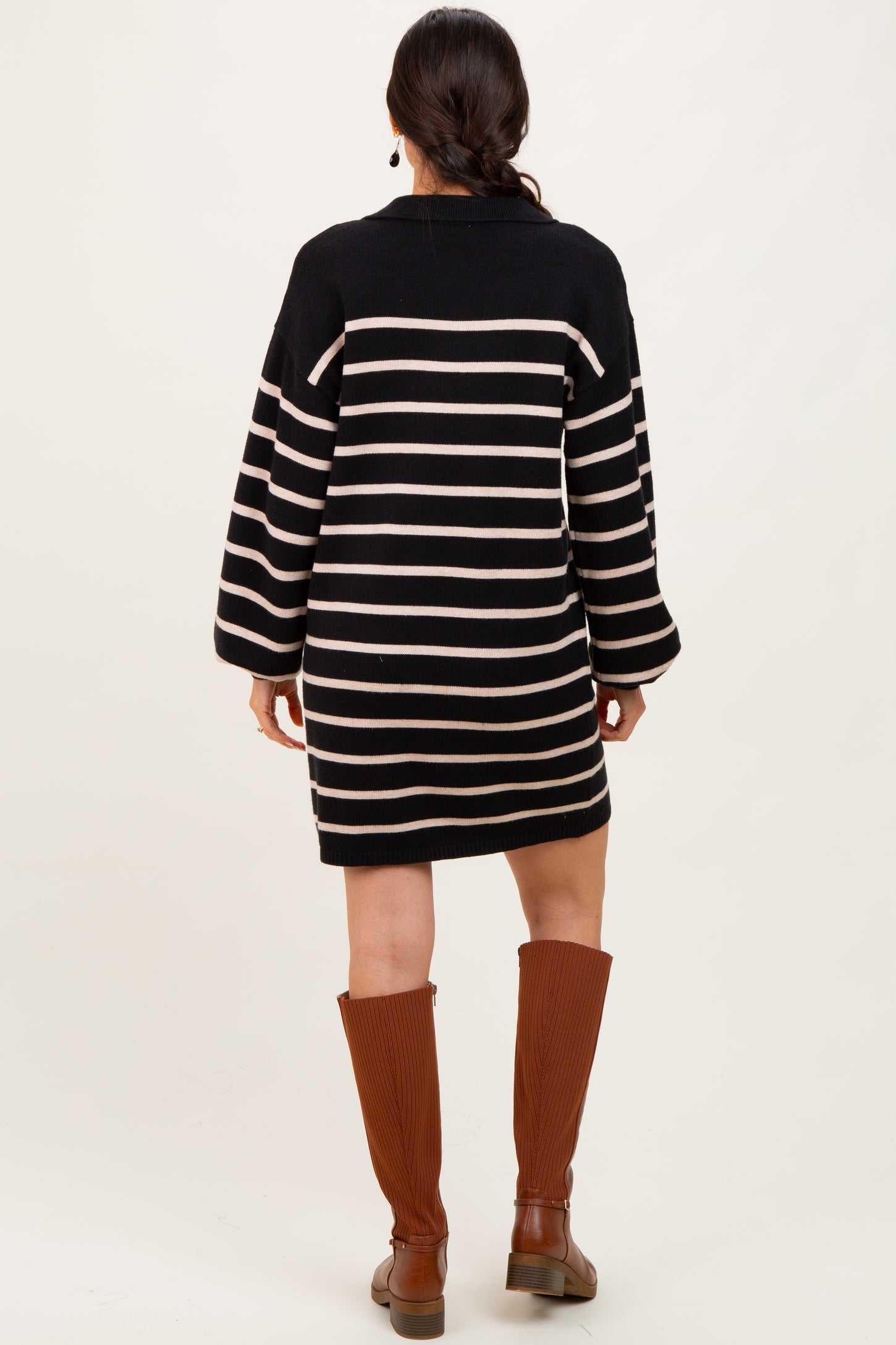 Black Striped Knit Polo Sweater Dress
