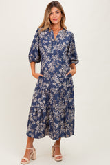 Blue Floral 3/4 Sleeve Smocked Waist Maternity Midi Dress