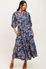 Blue Floral 3/4 Sleeve Smocked Waist Midi Dress