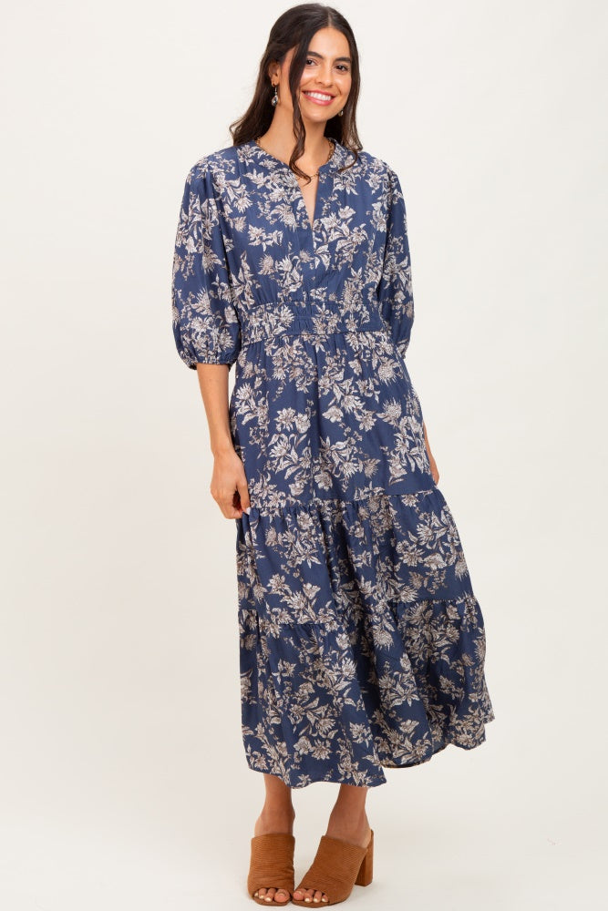Blue Floral 3/4 Sleeve Smocked Waist Midi Dress