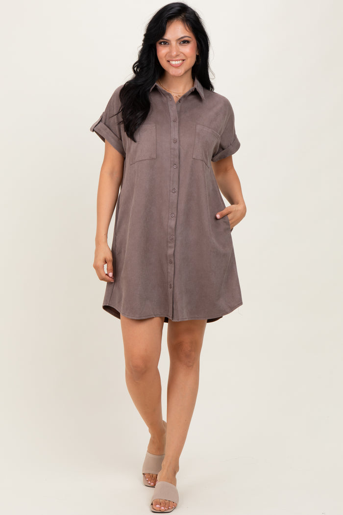 Mocha Faux Suede Button Down Shirt Dress