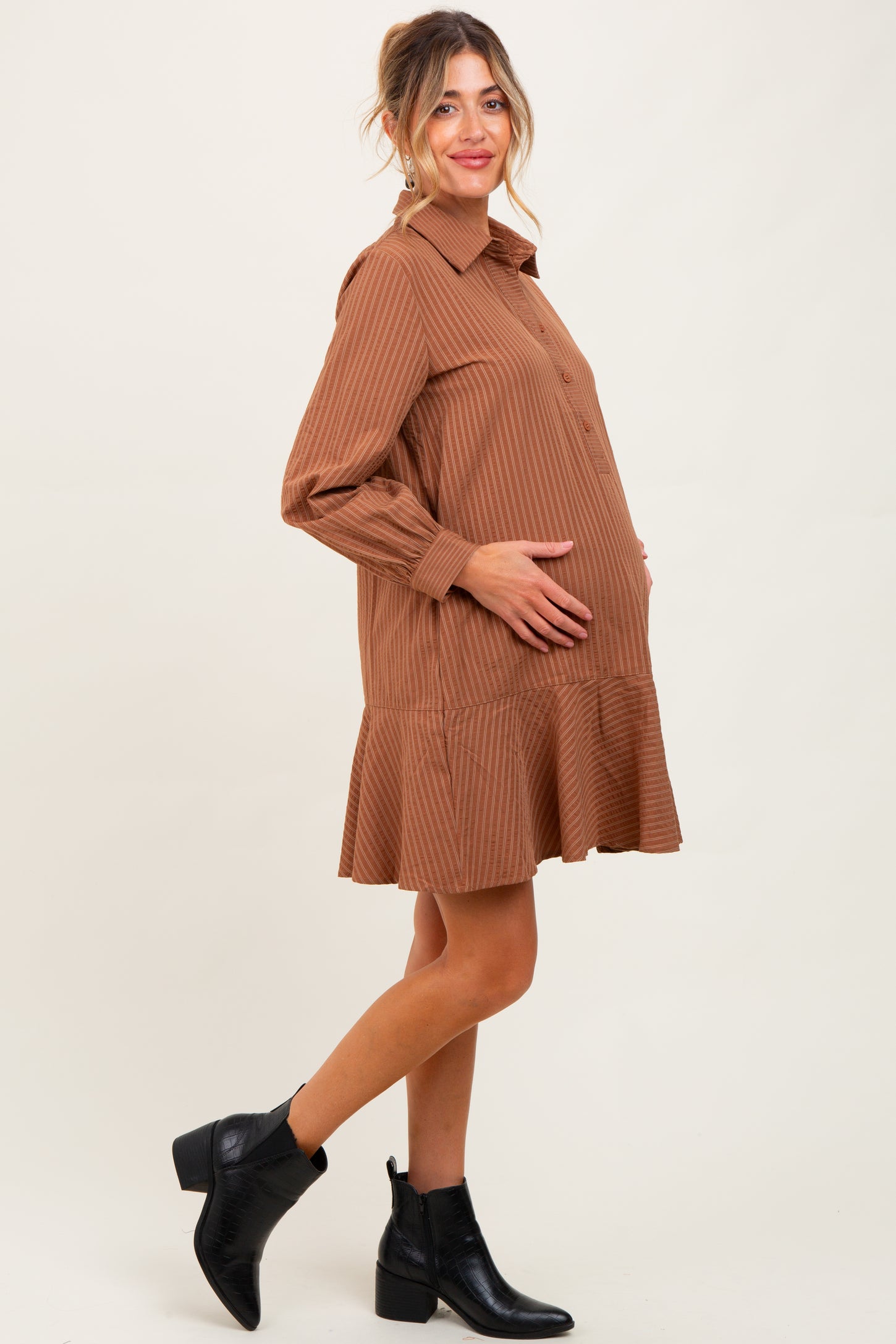 Camel Striped Long Sleeve Drop Waist Maternity Polo Dress