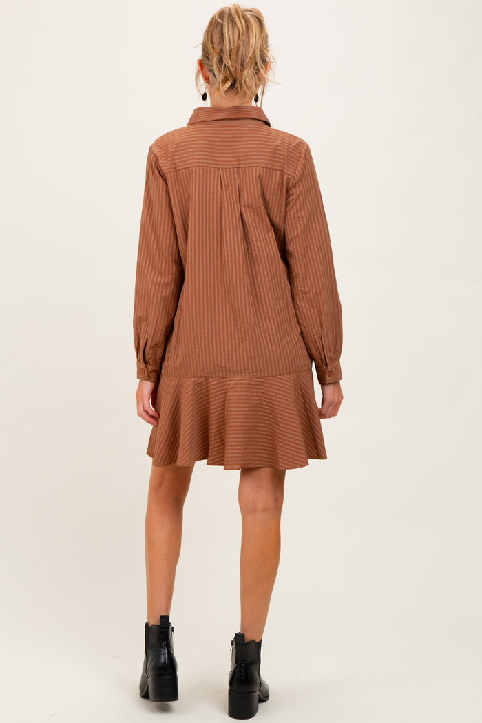 Camel Striped Long Sleeve Drop Waist Maternity Polo Dress
