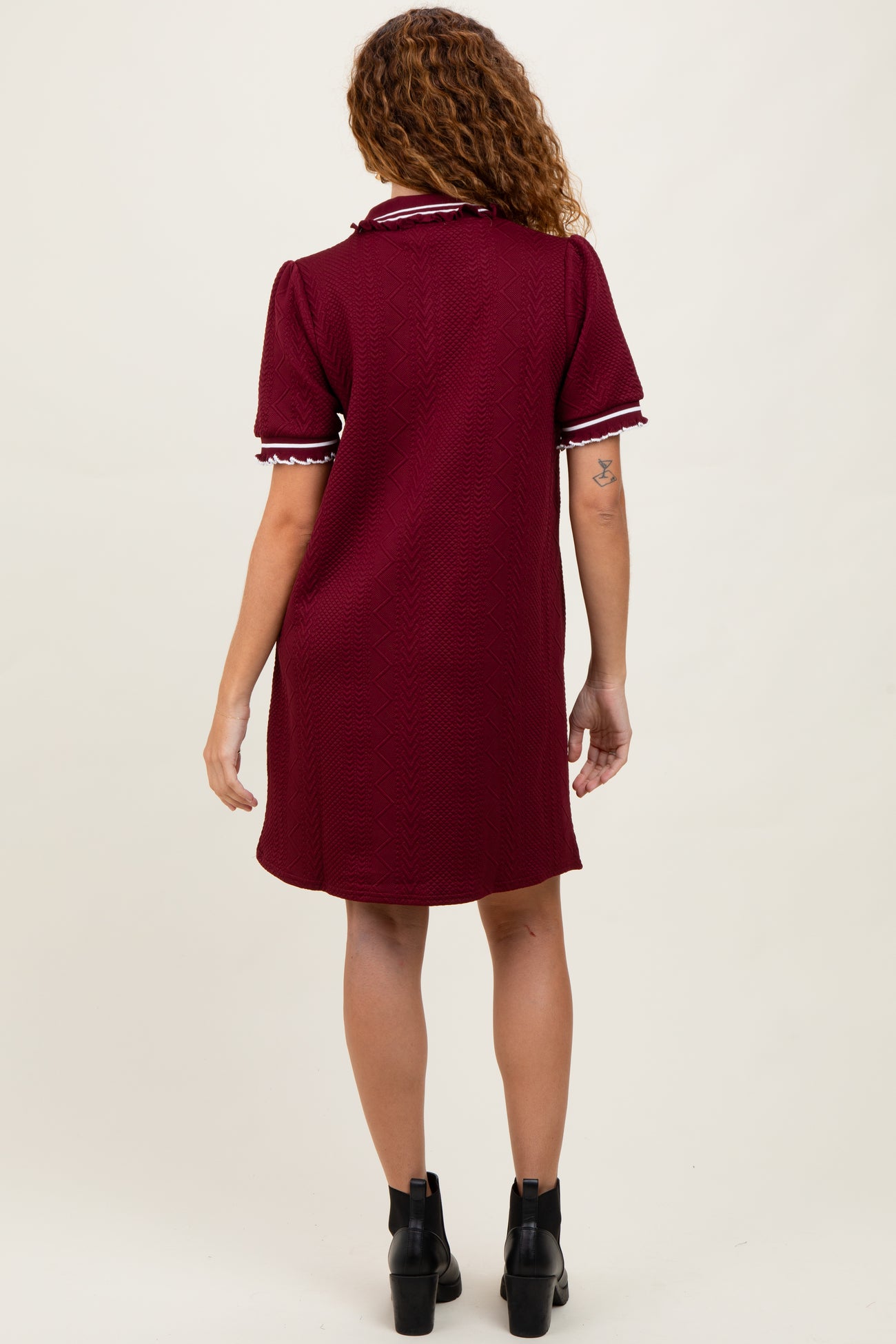 Burgundy Jacquard Ruffle Accent Polo Dress