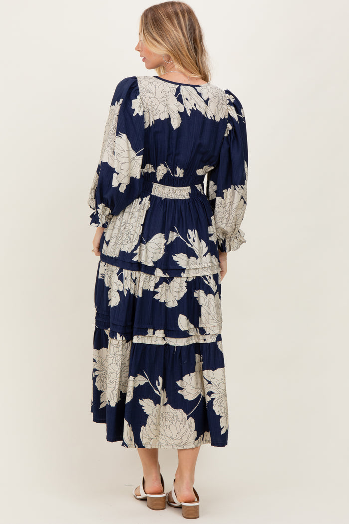Navy Floral Long 3/4 Sleeve Tiered Midi Dress