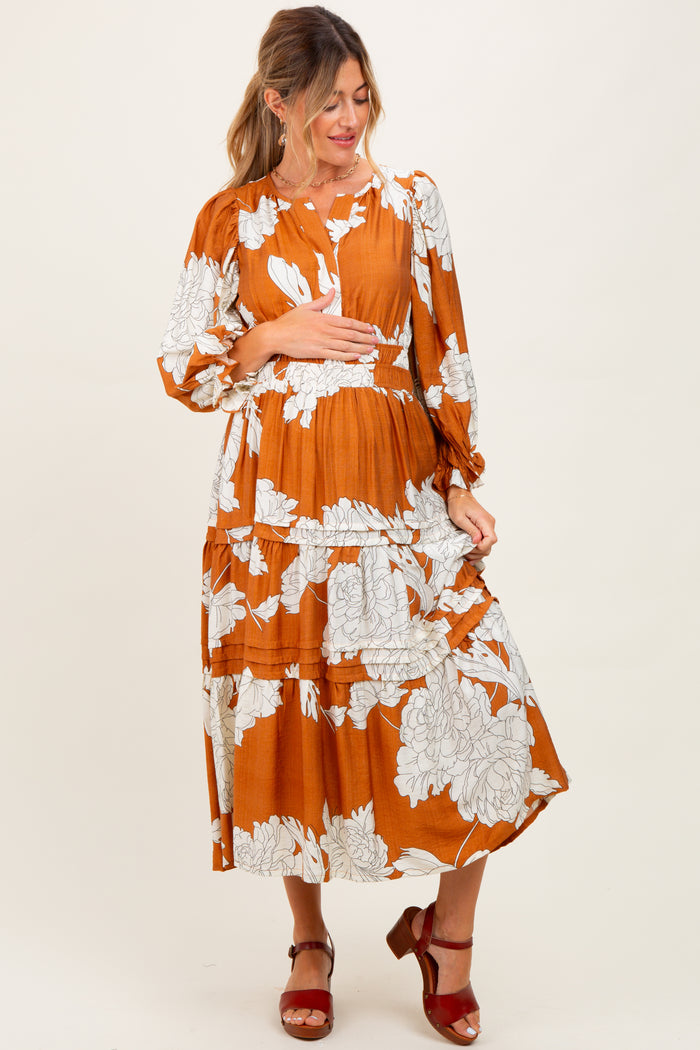 Camel Floral Long 3/4 Sleeve Tiered Maternity Midi Dress