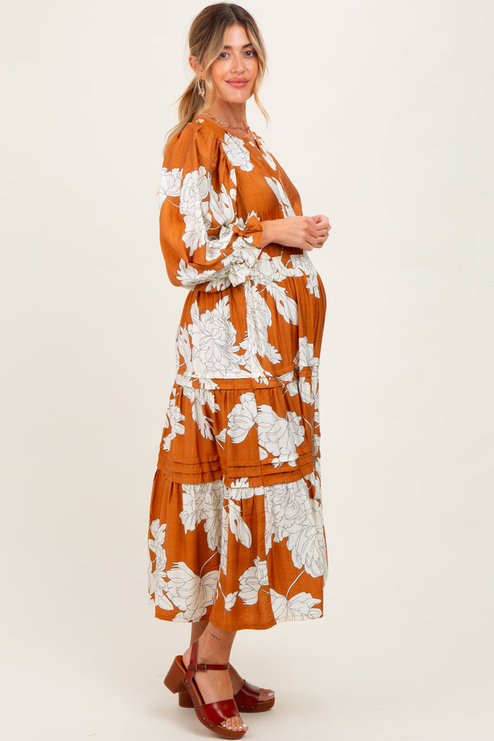 Camel Floral Long 3/4 Sleeve Tiered Maternity Midi Dress