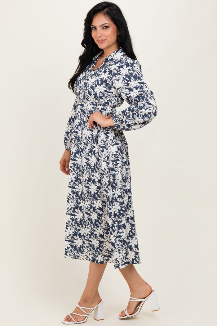 Navy Floral Button Down Long Sleeve Midi Dress