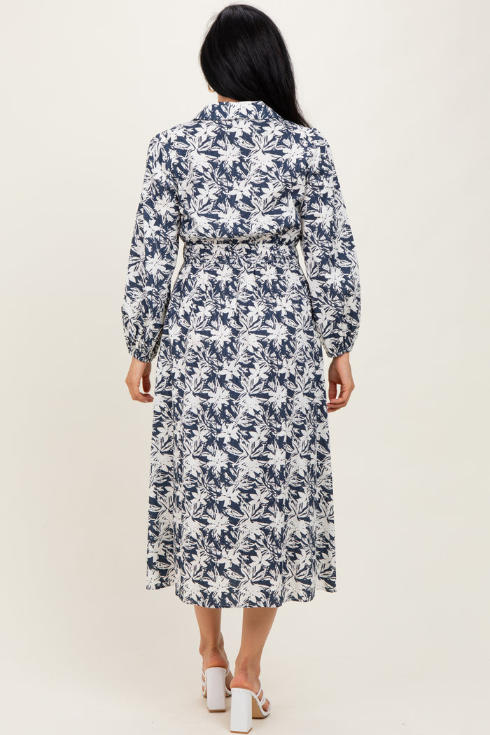 Navy Floral Button Down Long Sleeve Midi Dress