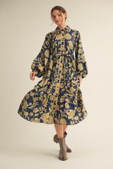 Navy Floral Button Down Bubble Sleeve Maternity Shirt Dress