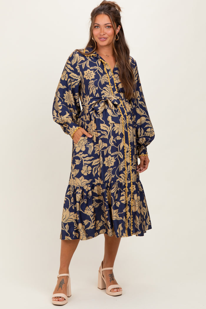 Navy Floral Button Down Bubble Sleeve Maternity Shirt Dress