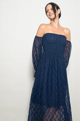 Navy Lace Overlay Smocked Maxi Dress