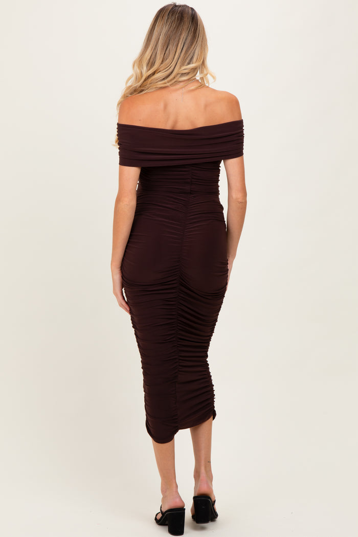 Brown Off Shoulder Ruched Maternity Midi Dress
