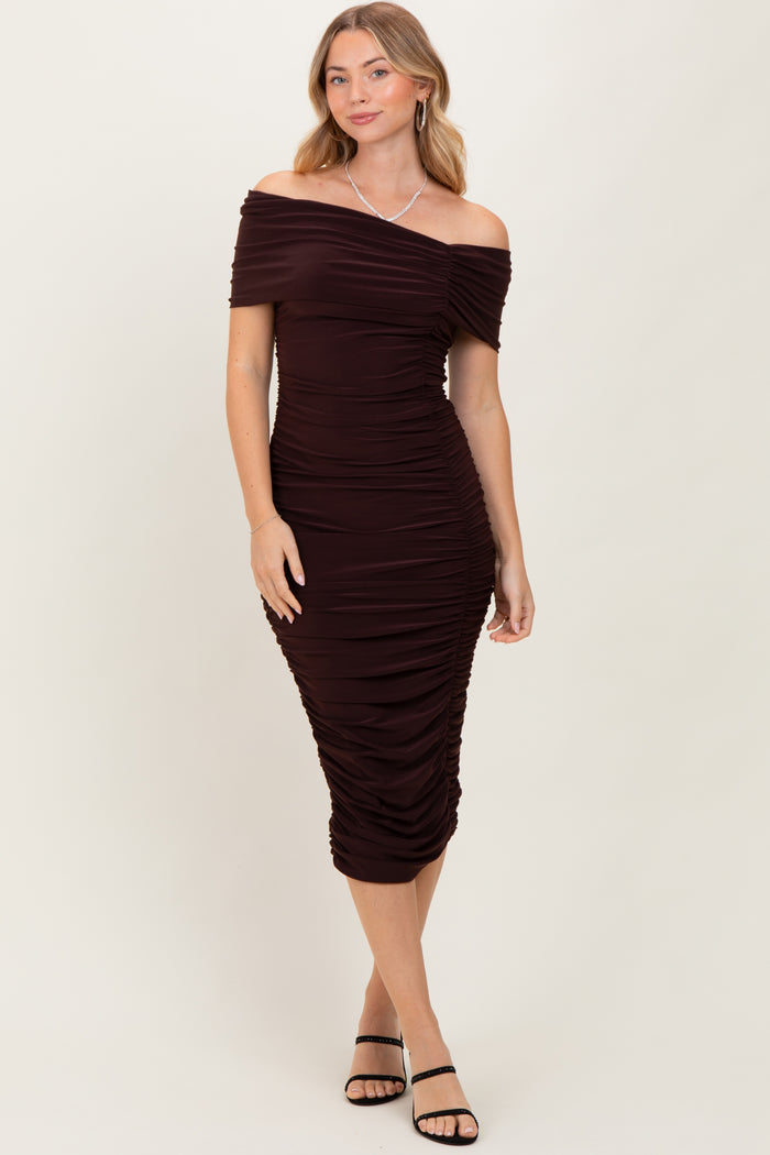 Brown Off Shoulder Ruched Midi Dress