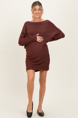 Brown Cable Knit Dolman Sleeve Maternity Sweater Mini Dress