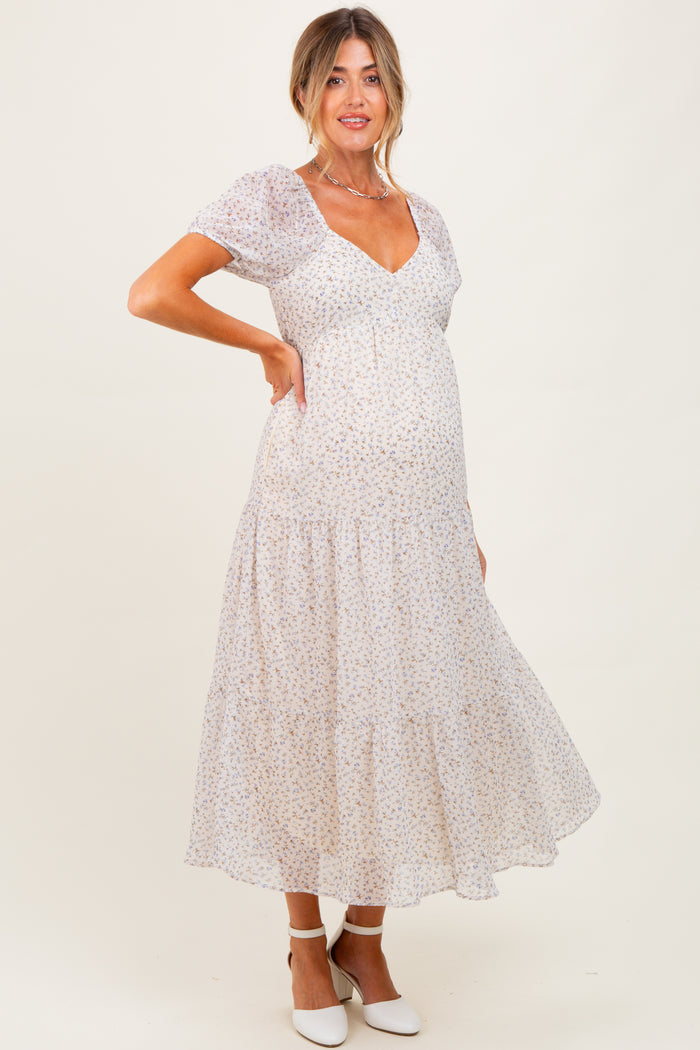 Cream Floral Chiffon Tiered Maternity Maxi Dress