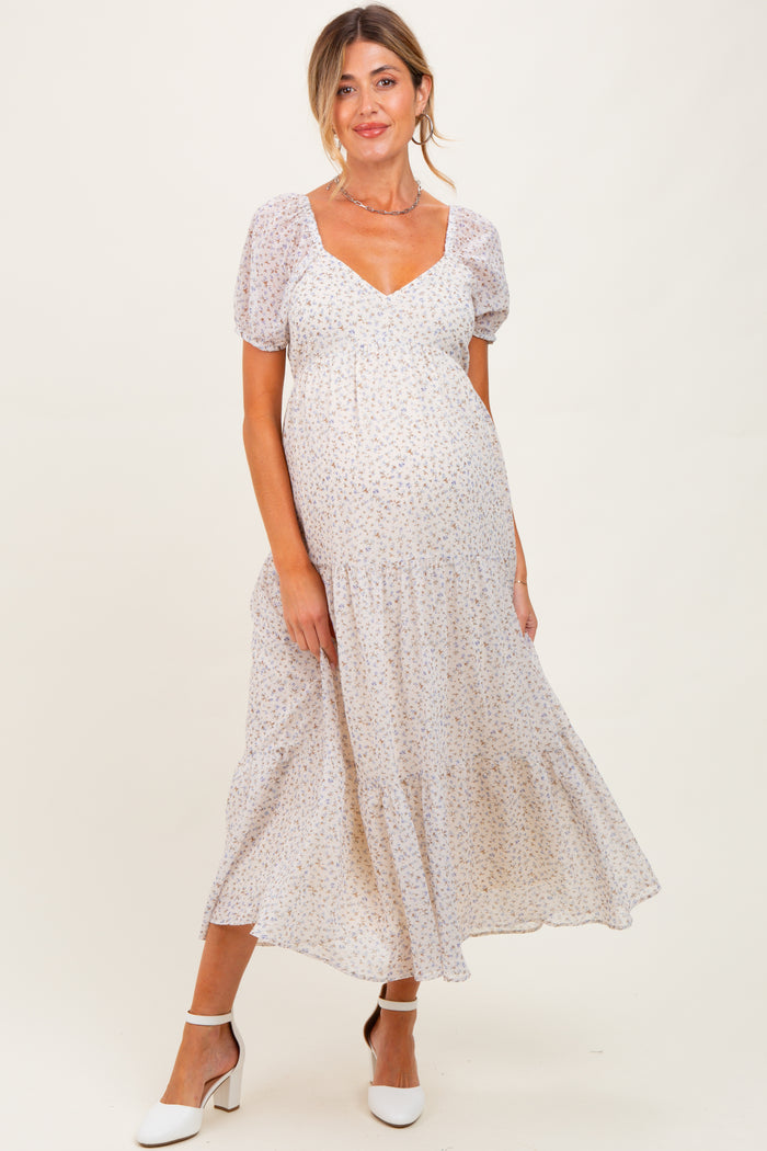 Cream Floral Chiffon Tiered Maternity Maxi Dress