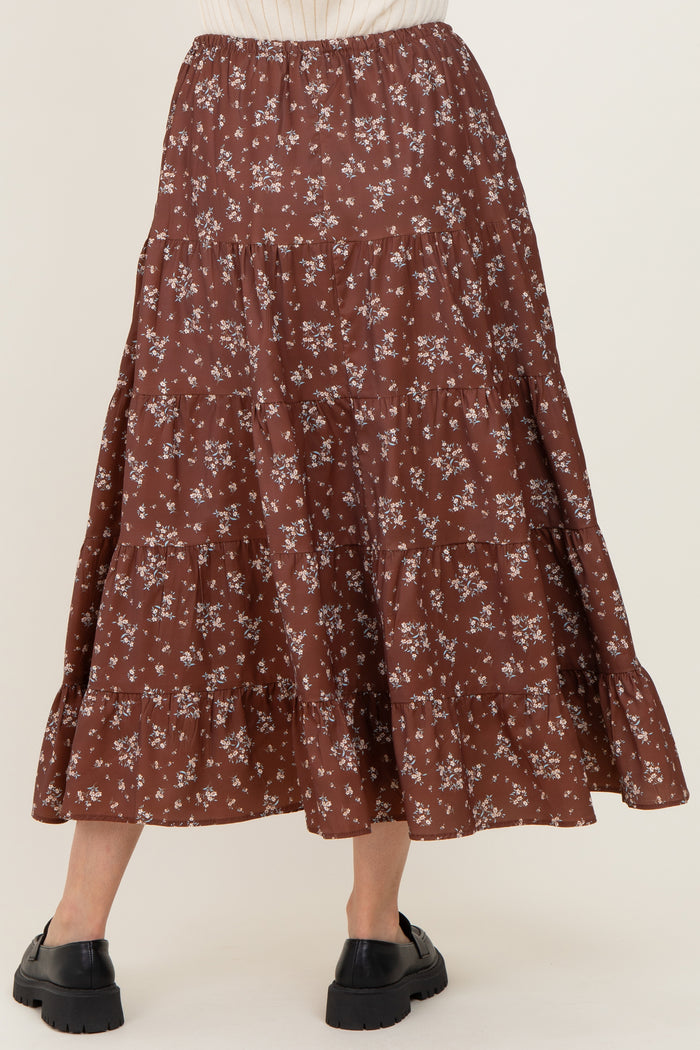 Brown Floral Tiered Maxi Skirt
