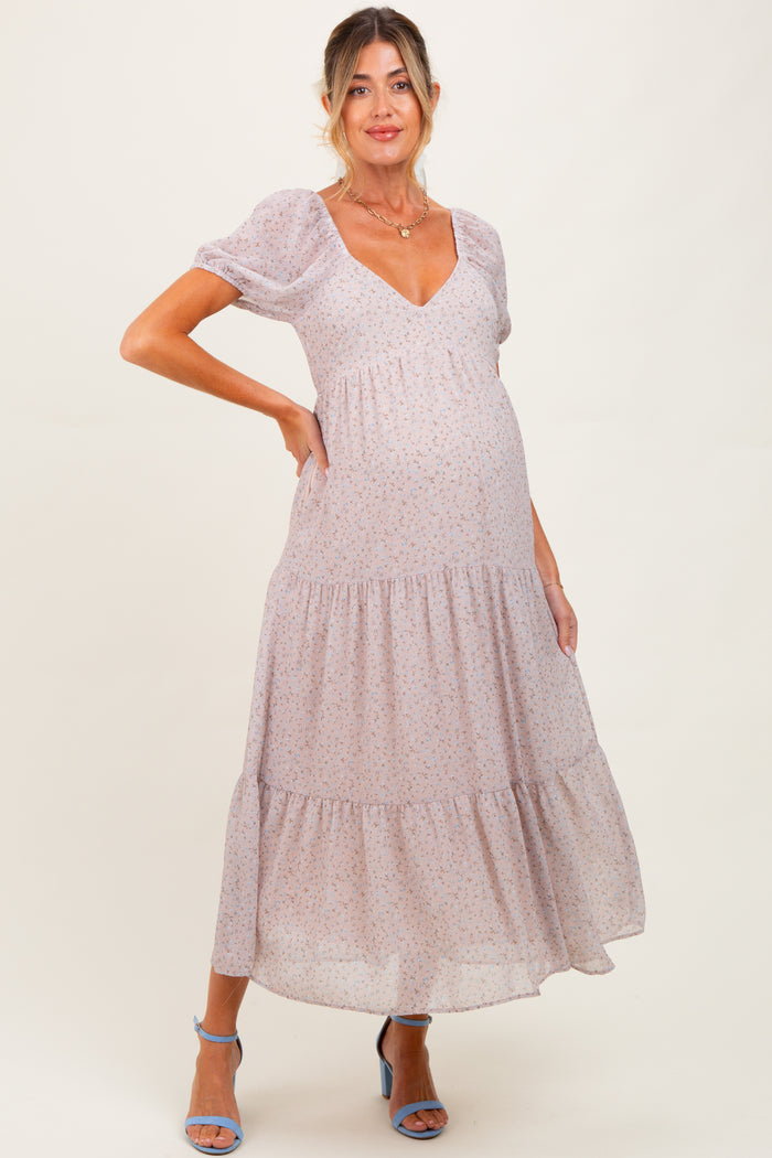 Light Taupe Floral Chiffon Tiered Maternity Maxi Dress